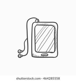 Comprimido con auriculares icono de esbozo vectorial aislado en el fondo. Tableta dibujada a mano con un icono de auriculares. Comprimido con auriculares icono de esbozo para infografía, sitio web o aplicación.