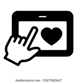 Tablet with heart and hand pointer solid icon, dating concept, datig app vector sign on white background, glyph style icon for mobile concept and web design. Vector graphics