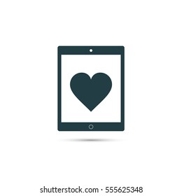 Tablet with heart icon, vector black illustration.