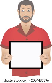 Tablet held by a man on white background 