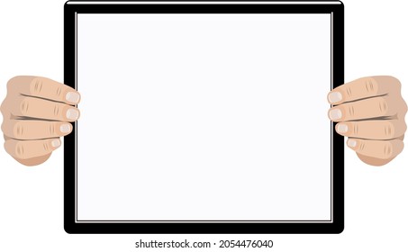 Tablet held by two hands on white background