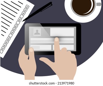 Tablet in his hands. Concept of communication in the network.