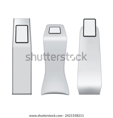 Tablet holder podium stand with transparent screen. Mock-up set. Blank digital interactive display. Vector mockup kit. Template for design