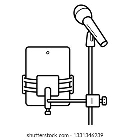 Tablet holder with side mount and microphone. Vector outline icon isolated on white background.