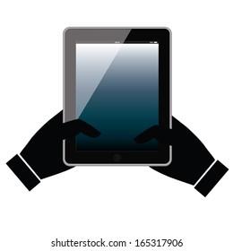 tablet holding hands. smart technology. finger show. concept design. vector illustration