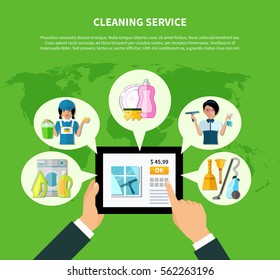 Tablet house cleaning online store concept with thought bubbles on world map background with editable text vector illustration