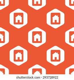 Tablet with house image in white hexagon, repeated on orange background