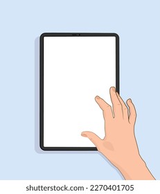 Tablet and human hand. A hand presses on a tablet screen. Tap with your finger. Modern flat design. Vector illustration with shadow. On a blue background. Mockup tablet with hand. Vector.