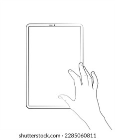 Tablet and human hand. A hand presses on a tablet screen. Tap with your finger. Modern flat design. Vector black and white illustration. Line drawing. Mockup tablet with hand. Vector.