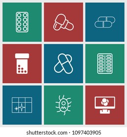 Tablet icon. collection of 9 tablet filled and outline icons such as bottle pills, pill, virus and pills, atom on display. editable tablet icons for web and mobile.