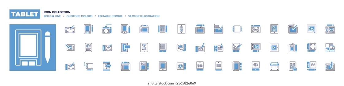 Tablet icon collection. Bold line style. Duotone colors. Editable stroke. graphictablet, tablet, pen, digitaldrawing.