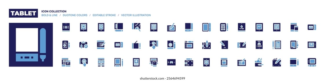 Tablet icon collection. Bold style. Duotone colors. tablet, graphictablet, draw, graphictab, gps, digitalbook, hieroglyph, interactive, refreshdata.