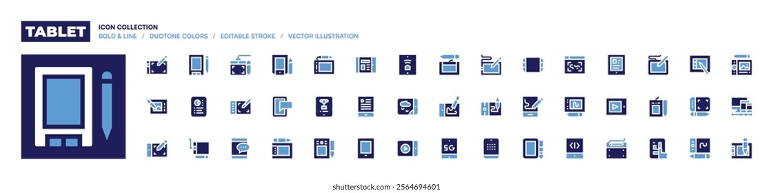 Tablet icon collection. Bold style. Duotone colors. ipad, graphictablet, tablet, pentablet, drawingtablet, trophy, ebook.