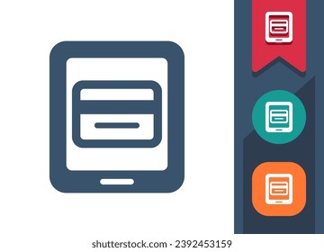 Icono de Tablet PC. Tarjeta de crédito, tarjeta de débito, compras en línea, compras por Internet, comercio electrónico. Icono de vector perfecto en píxeles y profesional.