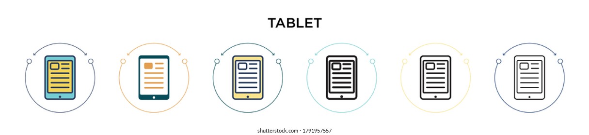 Tablet icon in filled, thin line, outline and stroke style. Vector illustration of two colored and black tablet vector icons designs can be used for mobile, ui, web