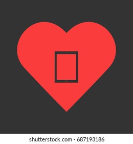 Tablet icon flat. Simple pictogram on heart background. Vector illustration symbol