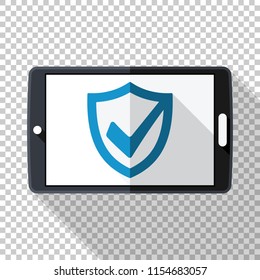 Tablet icon in flat style with security shield on the screen and long shadow on transparent background