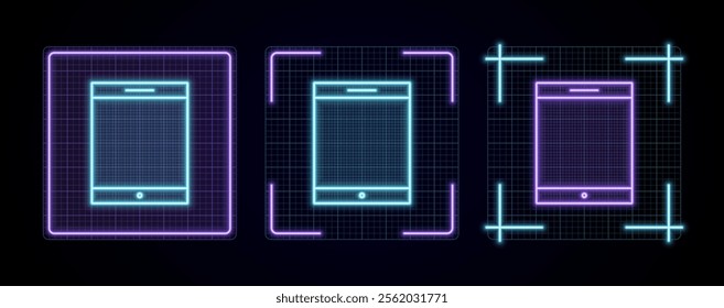 Tablet icon illustration, cyber neon visual, glowing border grid vector.