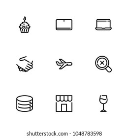 Tablet icon with magnify, plane and wine glass editable symbols. Set of computer, wine glass, laptop icons and store concept. Editable vector elements for logo app UI design.