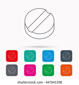 Tablet icon. Medicine drug sign. Pharmaceutical cure symbol. Linear icons in squares on white background. Flat web symbols. Vector