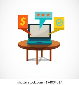 Tablet with icon on wood table - vector illustration
