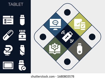 conjunto de iconos de Tablet PC. 13 iconos de comprimidos rellenos.  Iconos modernos sencillos, como: Pendrive, Pantalla, Farmacia, Píldora, Medicina, Aprendizaje, Respuesta, Computadora, Ebook