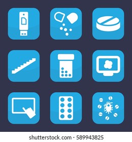 tablet icon. Set of 9 filled tablet icons such as stairs, finger on tablet, pill, virus and pills, atom on display, usb drive