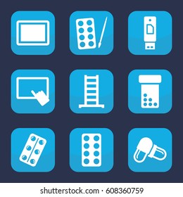 Tablet icon. set of 9 filled tablet icons such as ladder, paints, pill, medical pills, usb drive