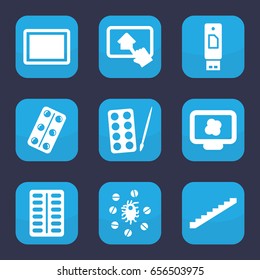 Tablet icon. set of 9 filled tablet icons such as stairs, paints, pill, medical pills, virus and pills, atom on display