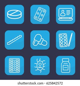 Tablet icon. set of 9 outline tablet icons such as stairs, paints, laptop, pill, medical pills, medicine