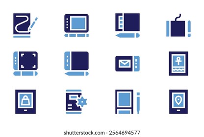 Tablet icon set. Bold style. Duotone colors. graphictablet, tablet, graphictab, gps, hieroglyph, padlock.