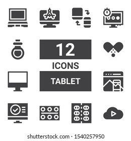 tablet icon set. Collection of 12 filled tablet icons included Cloud computing, Pills, Computer, Responsive design, Screen, Remedy, Laptop, Responsive