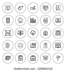 Tablet icon set. collection of 25 outline tablet icons with case, cloud computing, computer, ebook, laptop, medicine, ladder, learning, graphic design icons. editable icons.