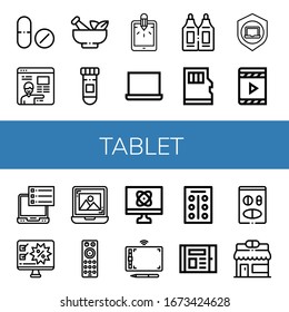tablet icon set. Collection of Drug, Online learning, Mortar, Medicine, Tablet, Laptop, Suppositories, Micro sd, Digital book, Ebook, Computer, Remote control, Graphic tablet icons