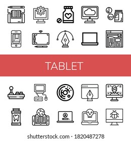 tablet icon set. Collection of Ebook, Computer, Graphic tablet, Medicine, Design, Cloud computing, Laptop, Drugs, Joystick, Online learning, Cell, Tablet, Screen icons
