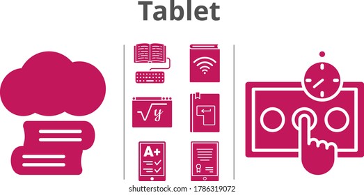 tablet icon set. included cloud library, tablet, ereader, audiobook, test, homework, maths, enter icons. filled styles.