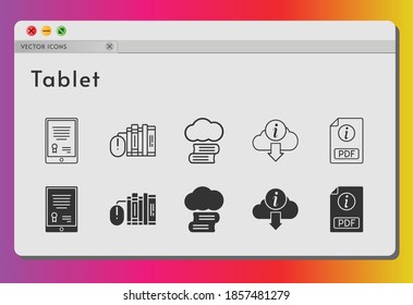 tablet icon set. included cloud library, tablet, books, pdf, information icons on white background. linear, filled styles.