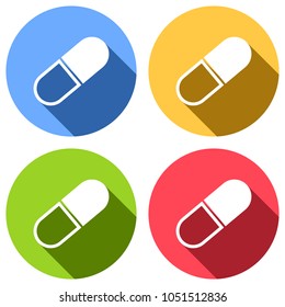 tablet icon. Set of white icons with long shadow on blue, orange, green and red colored circles. Sticker style