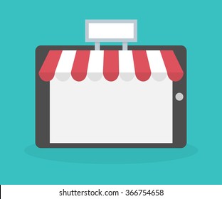 Tablet icon with store roof or stripped awning and advertising board on the top. Horizontal view. Online shopping concept. Flat design