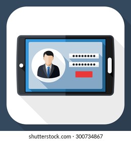 Tablet icon with user login form and long shadow