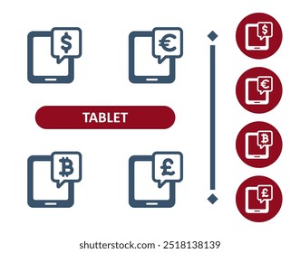 Tablet Icons. Dollar, Euro, Pound, Bitcoin, Crypto Currency, Online Banking, E-commerce Icon. Professional, 32x32 pixel perfect vector icon.