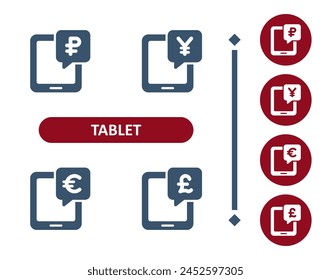 Tablet Icons. Euro, Pound, Ruble, Yen, Yuan, Online Banking, E-commerce Icon. Professional, 32x32 pixel perfect vector icon.