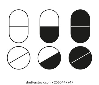 Tablet icons. Linear style pills. Different shapes and forms of capsules for medicines. Medicines, pharmaceutical products. Vector illustration