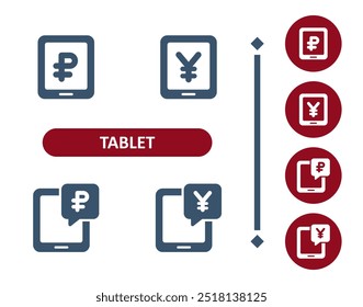 Ícones do Tablet. Rublo, Iene, Yuan, Dinheiro, Internet Banking, Online Banking, E-commerce, Compras on-line Ícone. Profissional, ícone de vetor perfeito de 32x32 pixels.