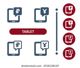 Ícones do Tablet. Rublo, Iene, Yuan, Dinheiro, Internet Banking, E-commerce Ícone. Profissional, ícone de vetor perfeito de 32x32 pixels.