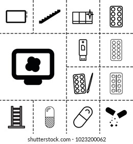 Tablet icons. set of 13 editable filled and outline tablet icons such as stairs, atom on display, paints, clean window, pill, usb drive, ladder, tablet