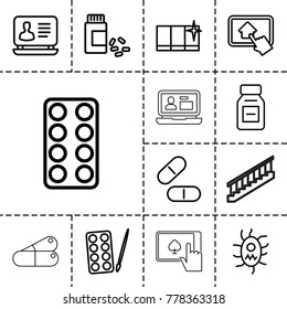 Tablet icons. set of 13 editable outline tablet icons such as paints, clean window, laptop, pill, medicine, virus and pills