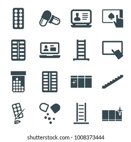 Tablet icons. set of 16 editable filled tablet icons such as ladder, stairs, finger on tablet, clean window, laptop, pill, paints