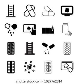 Tablet icons. set of 16 editable filled and outline tablet icons such as clean window, pill, atom on display, virus and pills, ladder, medicine