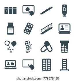 Tablet icons. set of 16 editable filled tablet icons such as ladder, stairs, laptop, pill, medical pills, medicine, usb drive, paints, clean window
